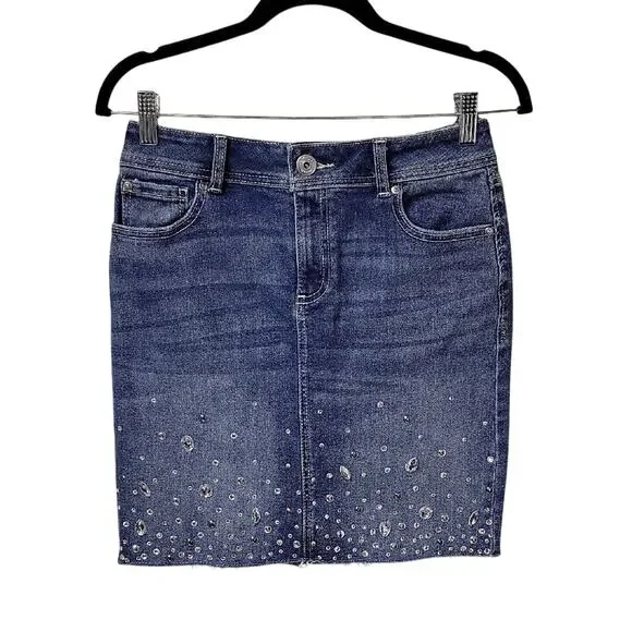 Inc Mid Rise Jean Skirt Jeweled Womens Size 2 NWT - Picture 1 of 9